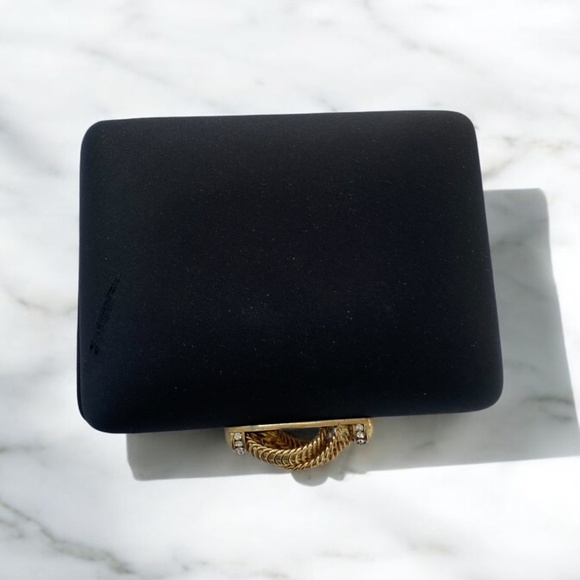 Rodo Black Satin Clutch Evening Bag With Gold Swarovski Crystals Closure, Metal - Picture 3 of 11